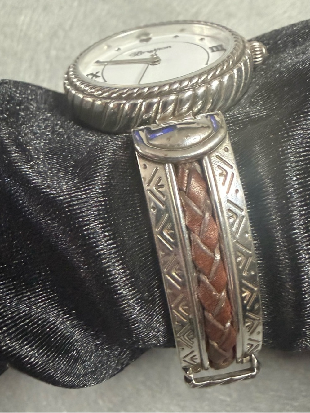 Brighton Watch Capistrano Silver Toned Brown Leather Braided Inlay Southwestern - Picture 5 of 15